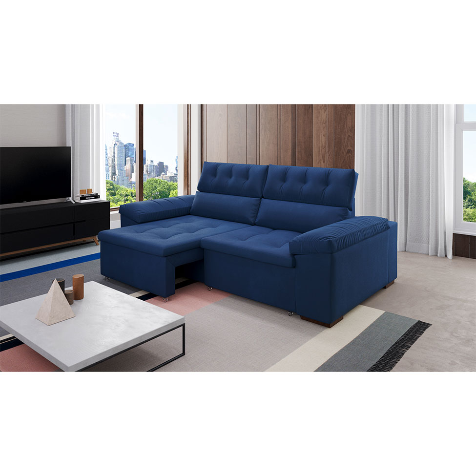 Sofá 3 Lugares Retrátil e Reclinável Herzog Veludo Azul Marinho 220 cm