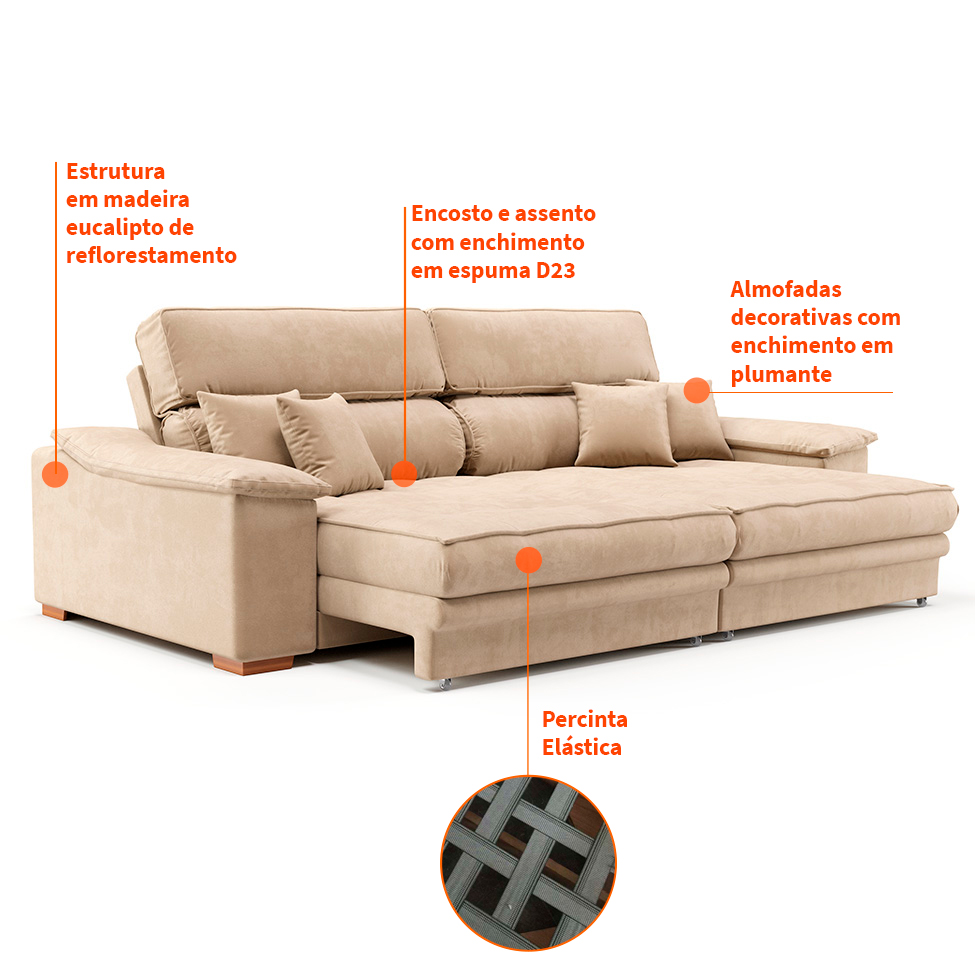 Sofá 3 Lugares Retrátil e Reclinável Lupin Velosuede Bege 214 cm