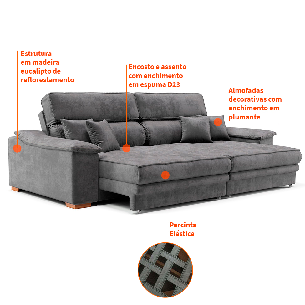 Sofá 3 Lugares Retrátil e Reclinável Lupin Velosuede Grafite 214 cm
