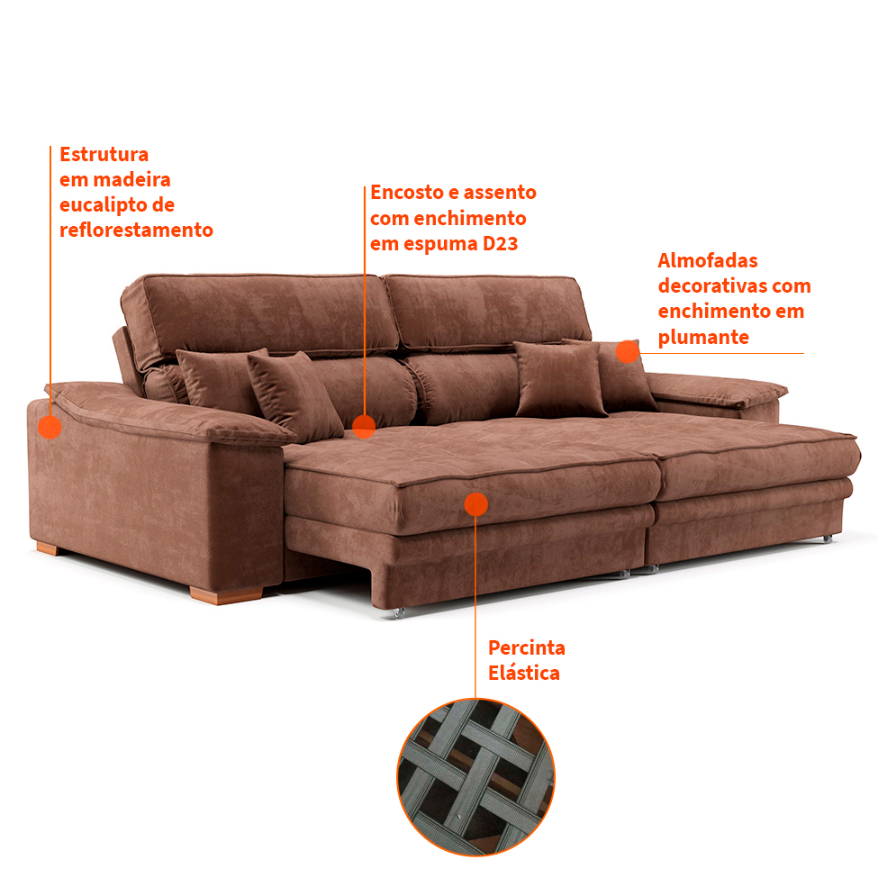 Sofá 3 Lugares Retrátil e Reclinável Lupin Velosuede Marrom 214 cm