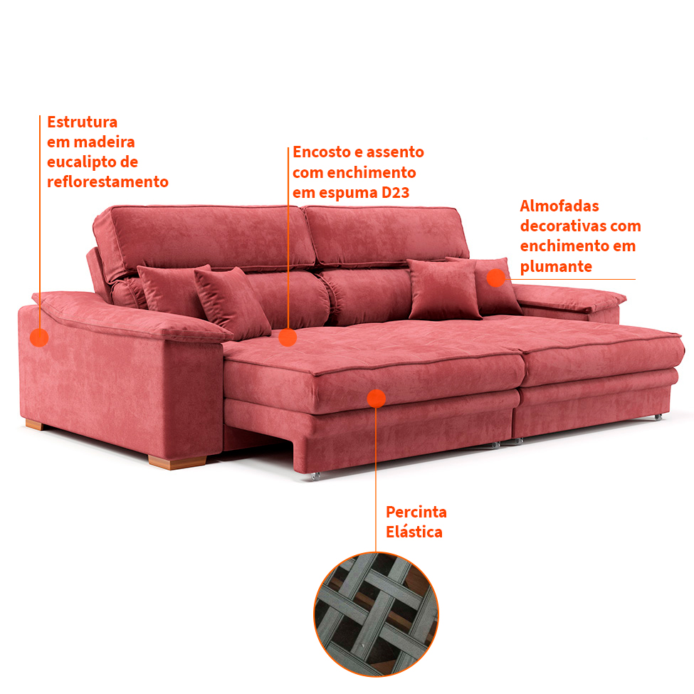 Sofá 3 Lugares Retrátil e Reclinável Lupin Velosuede Telha 214 cm