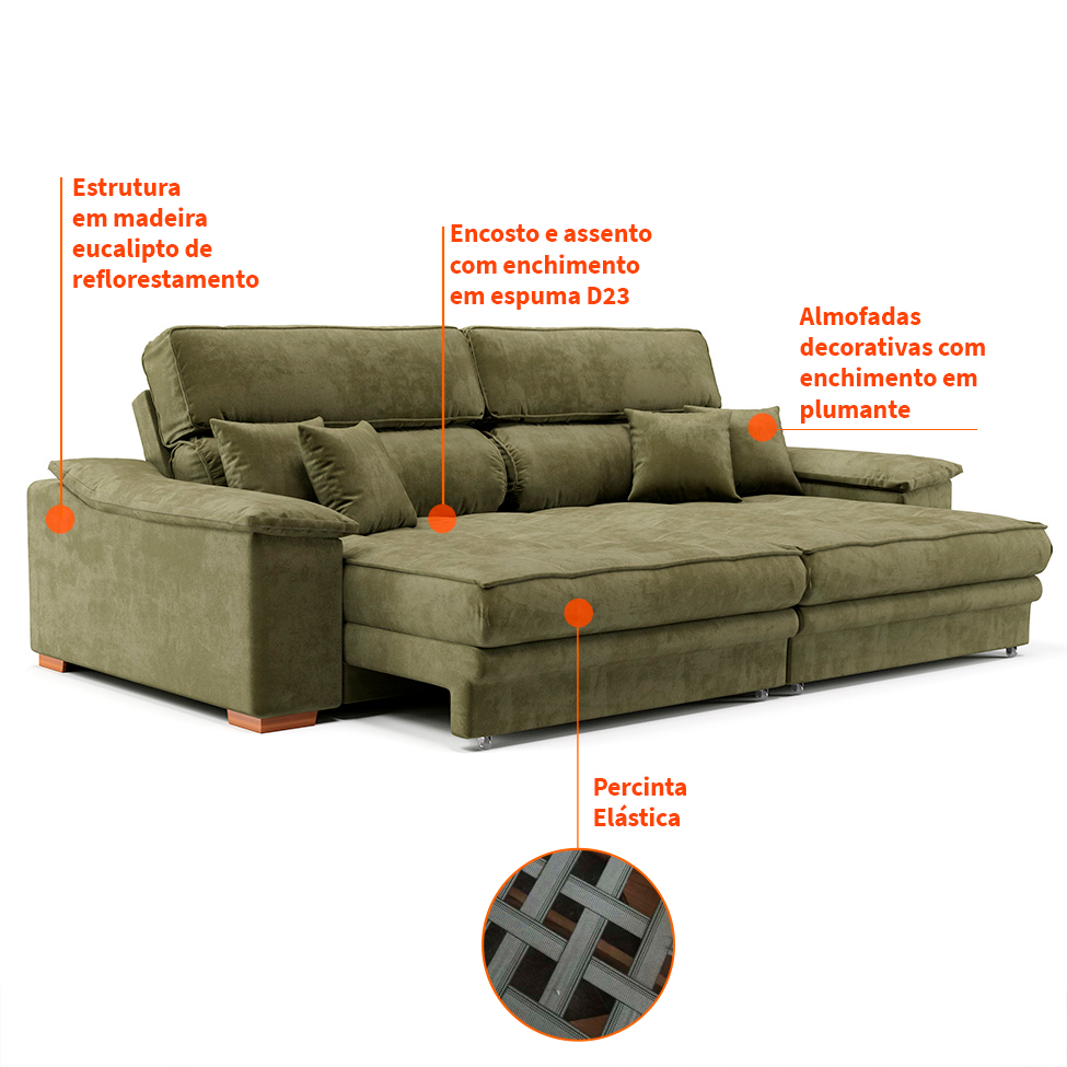 Sofá 3 Lugares Retrátil e Reclinável Lupin Velosuede Verde 214 cm