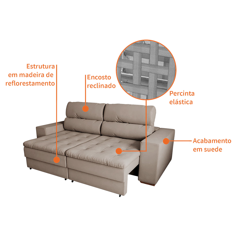 Sofá 3 Lugares Retrátil e Reclinável Montevideo Suede Bege