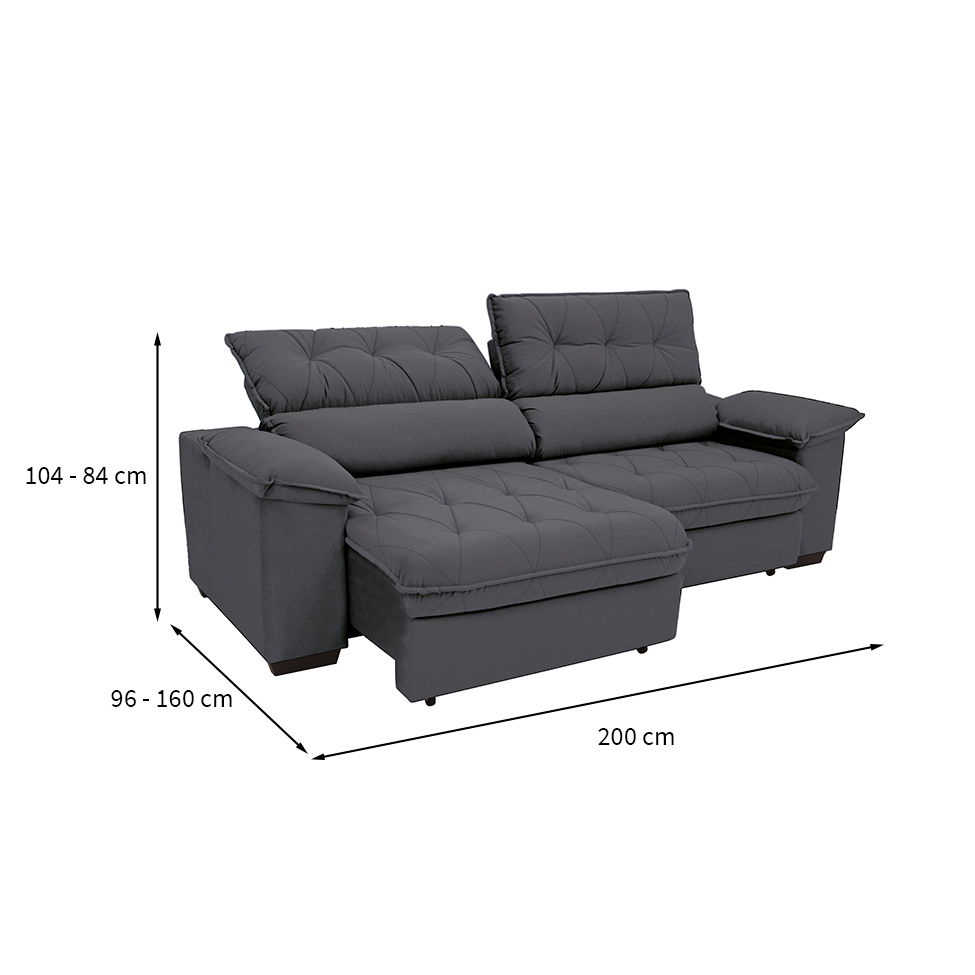 Sofá 3 Lugares Retrátil e Reclinável Piemont Suede Cinza 200 cm