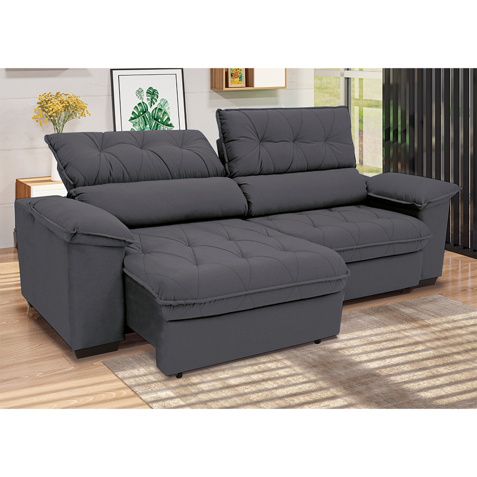Sofá 3 Lugares Retrátil e Reclinável Piemont Suede Cinza 200 cm