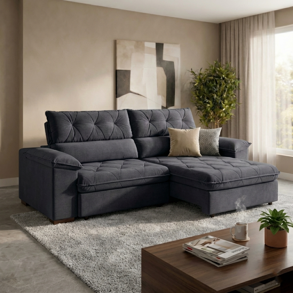 Sofá 3 Lugares Retrátil e Reclinável Piemont Suede Cinza 200 cm