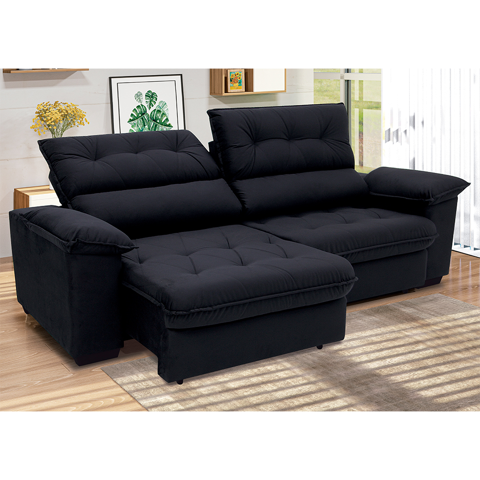 Sofá 3 Lugares Retrátil e Reclinável Piemont Suede Preto 200 cm