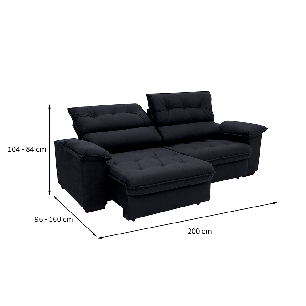 Sofá 3 Lugares Retrátil e Reclinável Piemont Suede Preto 200 cm