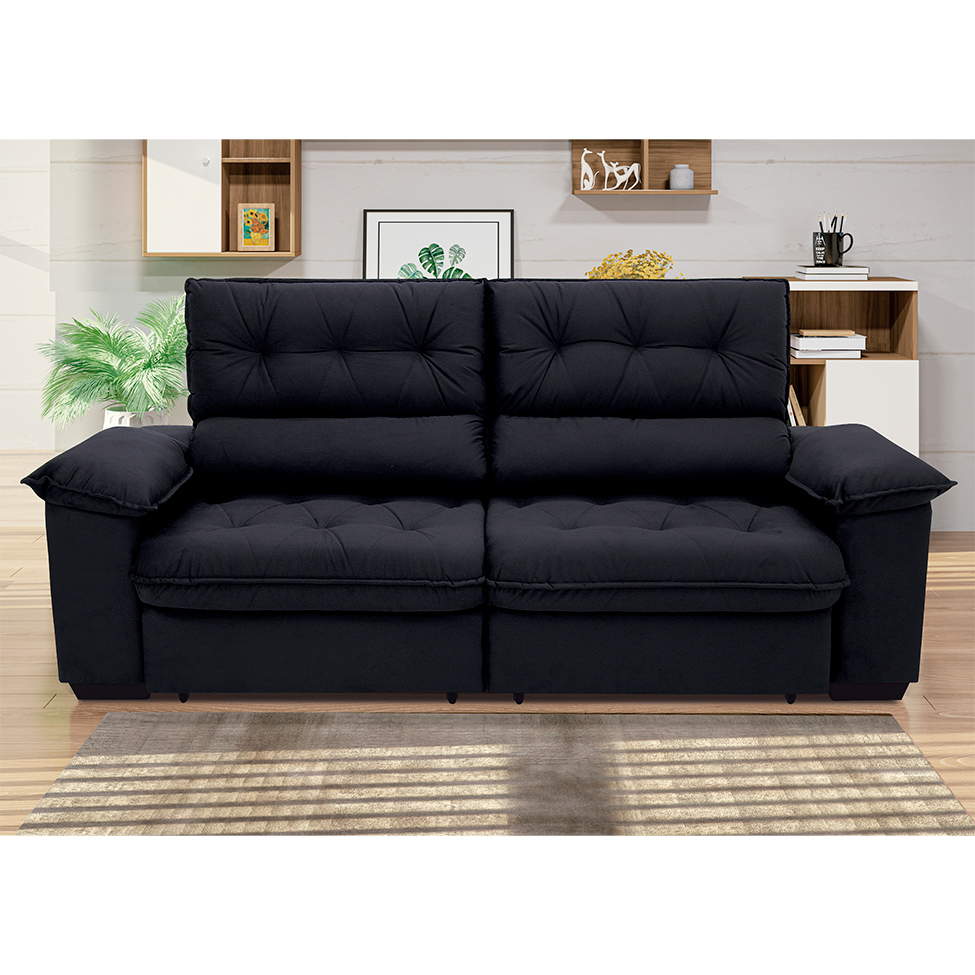 Sofá 3 Lugares Retrátil e Reclinável Piemont Suede Preto 200 cm