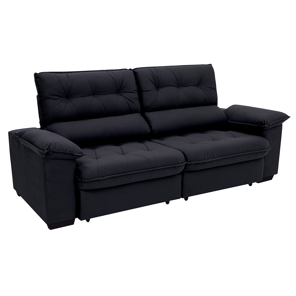 Sofá 3 Lugares Retrátil e Reclinável Piemont Suede Preto 200 cm