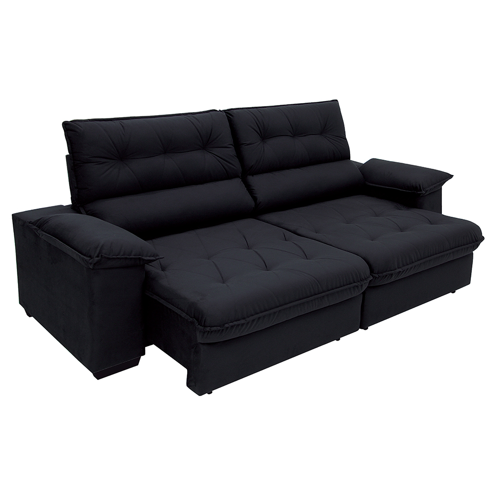 Sofá 3 Lugares Retrátil e Reclinável Piemont Suede Preto 200 cm