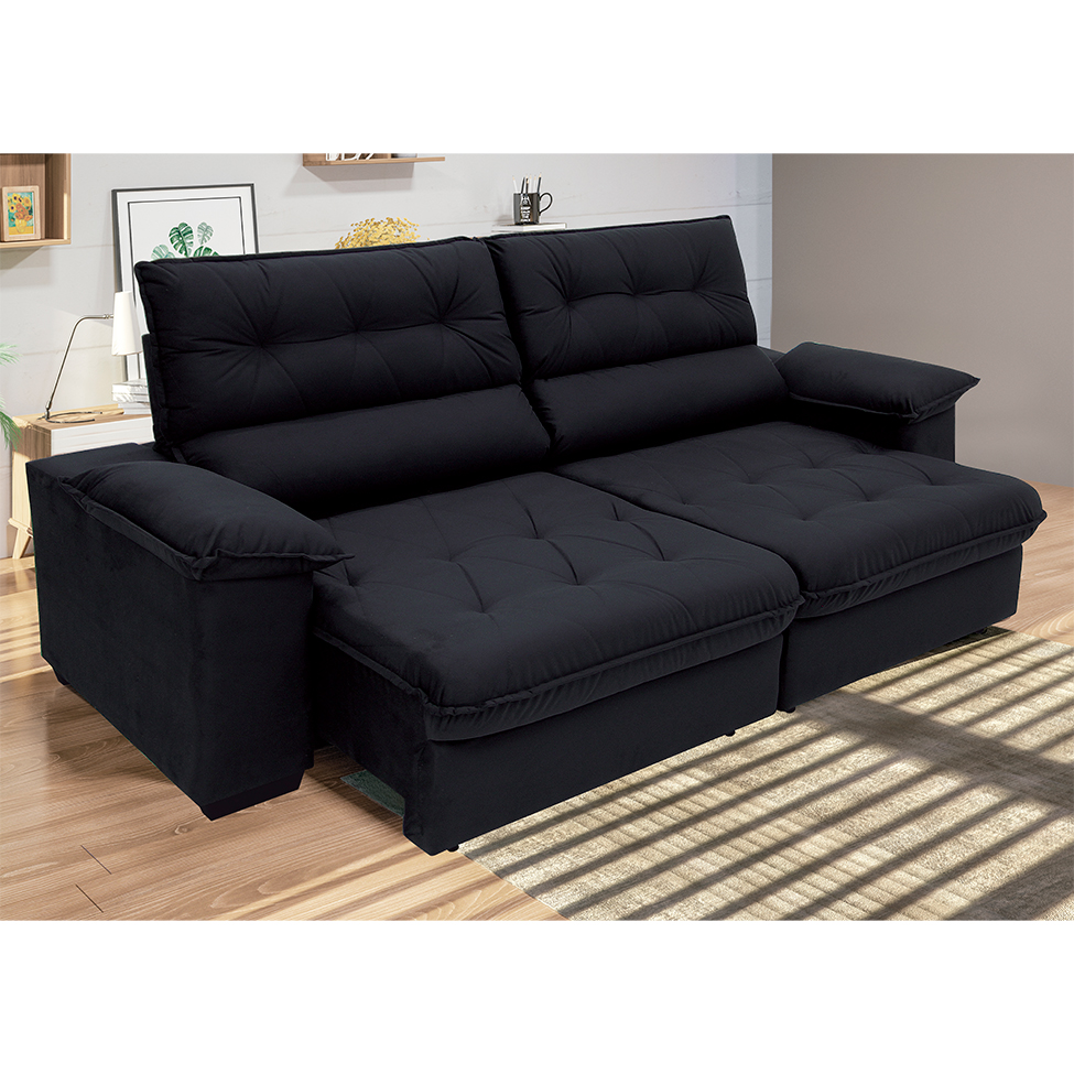 Sofá 3 Lugares Retrátil e Reclinável Piemont Suede Preto 200 cm
