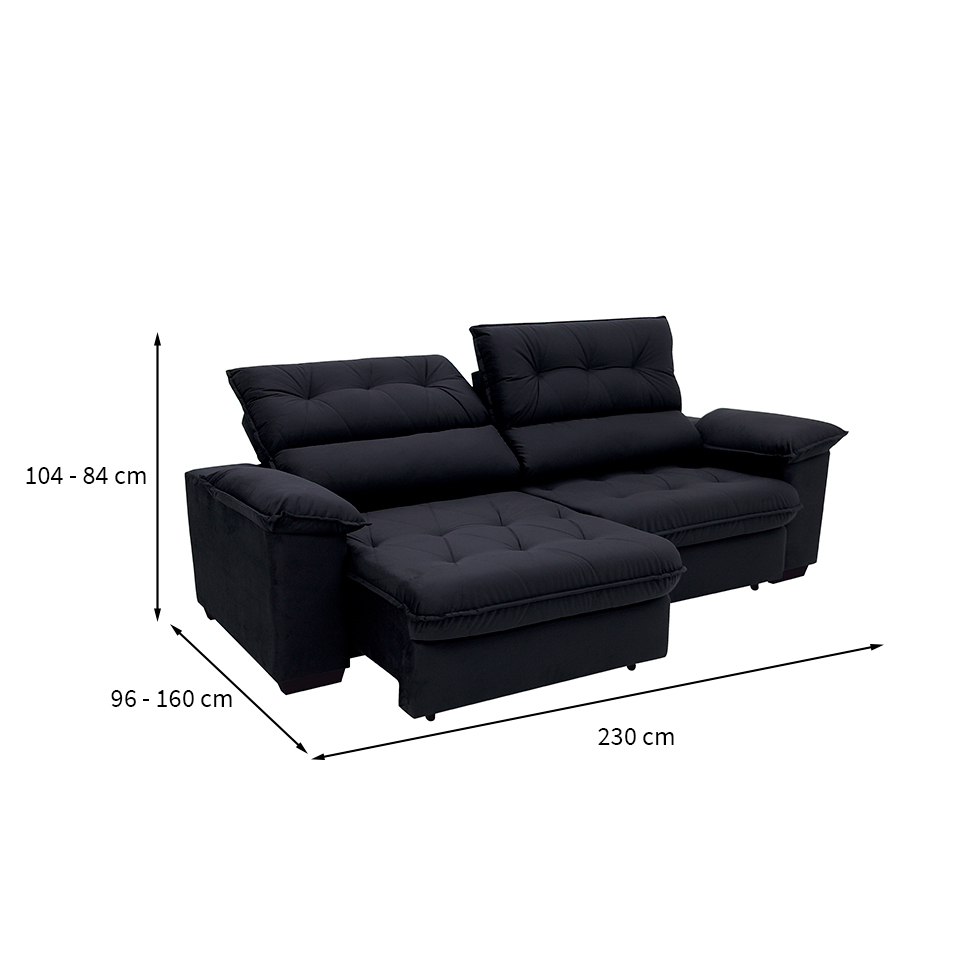 Sofá 3 Lugares Retrátil e Reclinável Piemont Suede Preto 230 cm