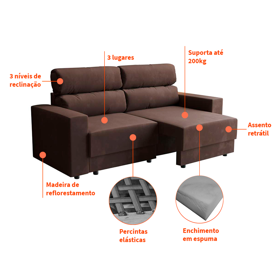 Sofá 3 Lugares Retrátil e Reclinável Porto Alegre Suede Marrom 180 cm