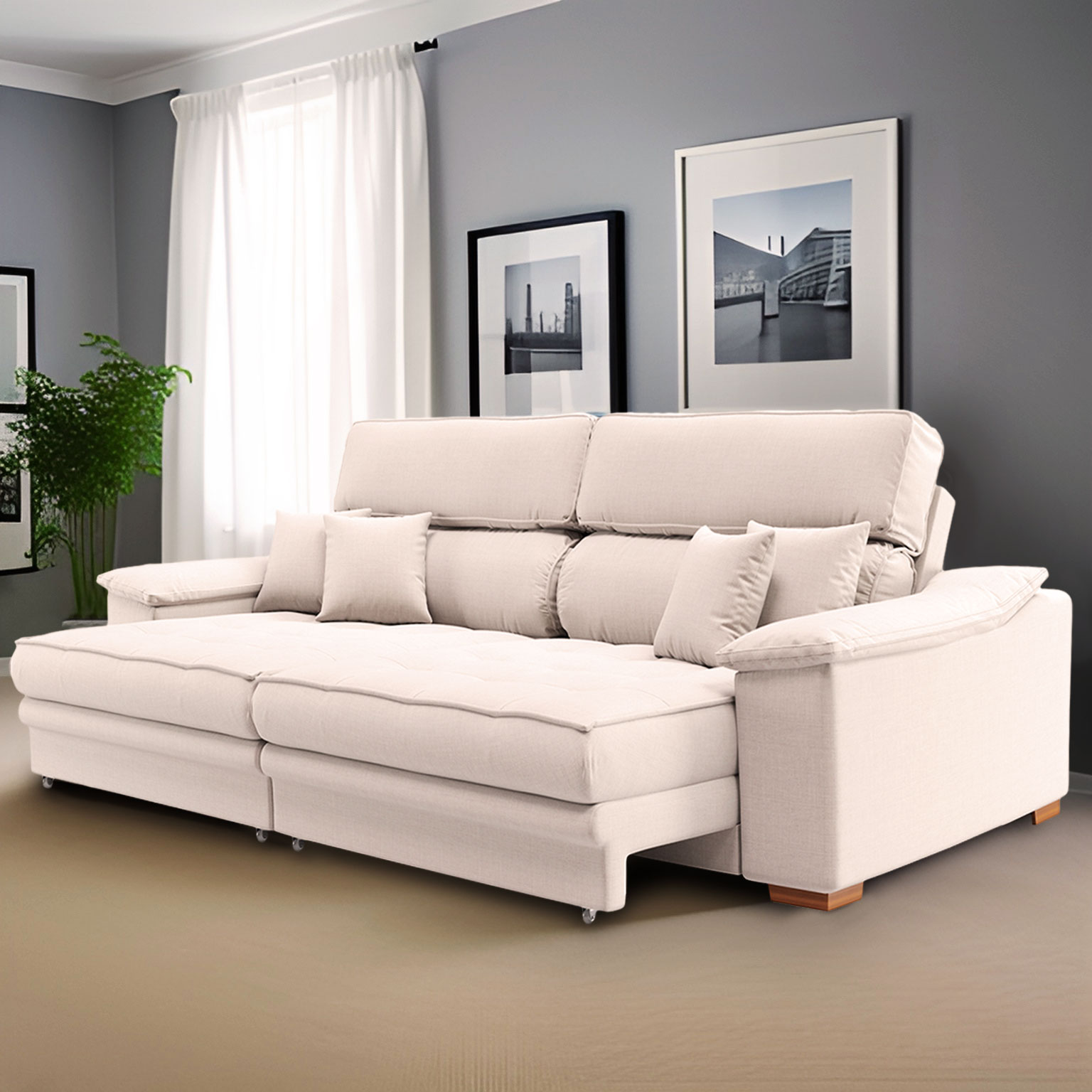 Sofá 3 Lugares Retrátil e Reclinável Raul Linho Cru