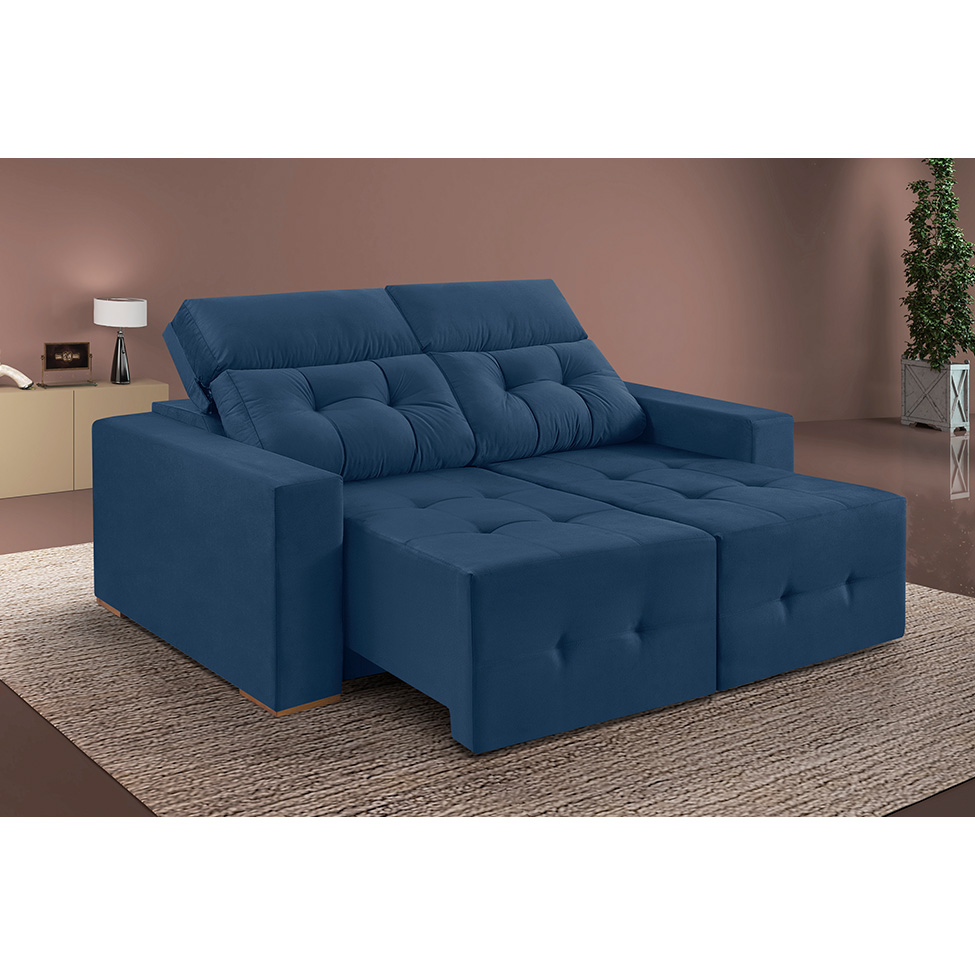 Sofá 3 Lugares Retrátil e Reclinável Roma Suede Azul 180 cm