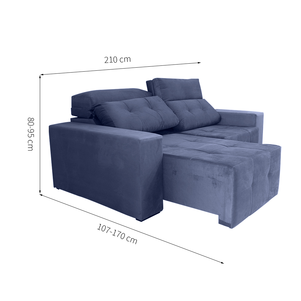 Sofá 3 Lugares Retrátil e Reclinável Roma Suede Azul