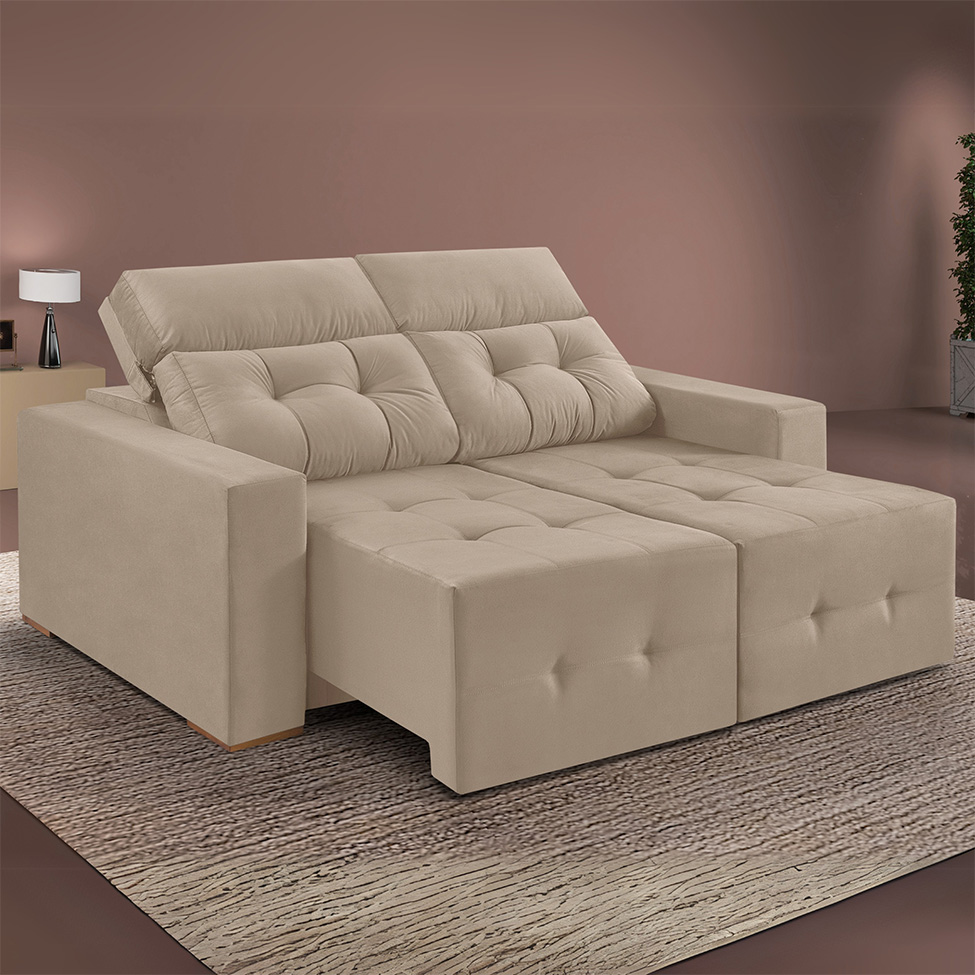 Sofá 3 Lugares Retrátil e Reclinável Roma Suede Bege 180 cm