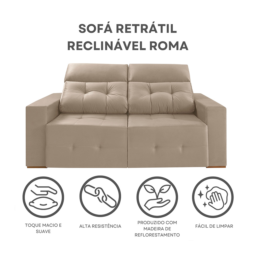 Sofá 3 Lugares Retrátil e Reclinável Roma Suede Bege 180 cm