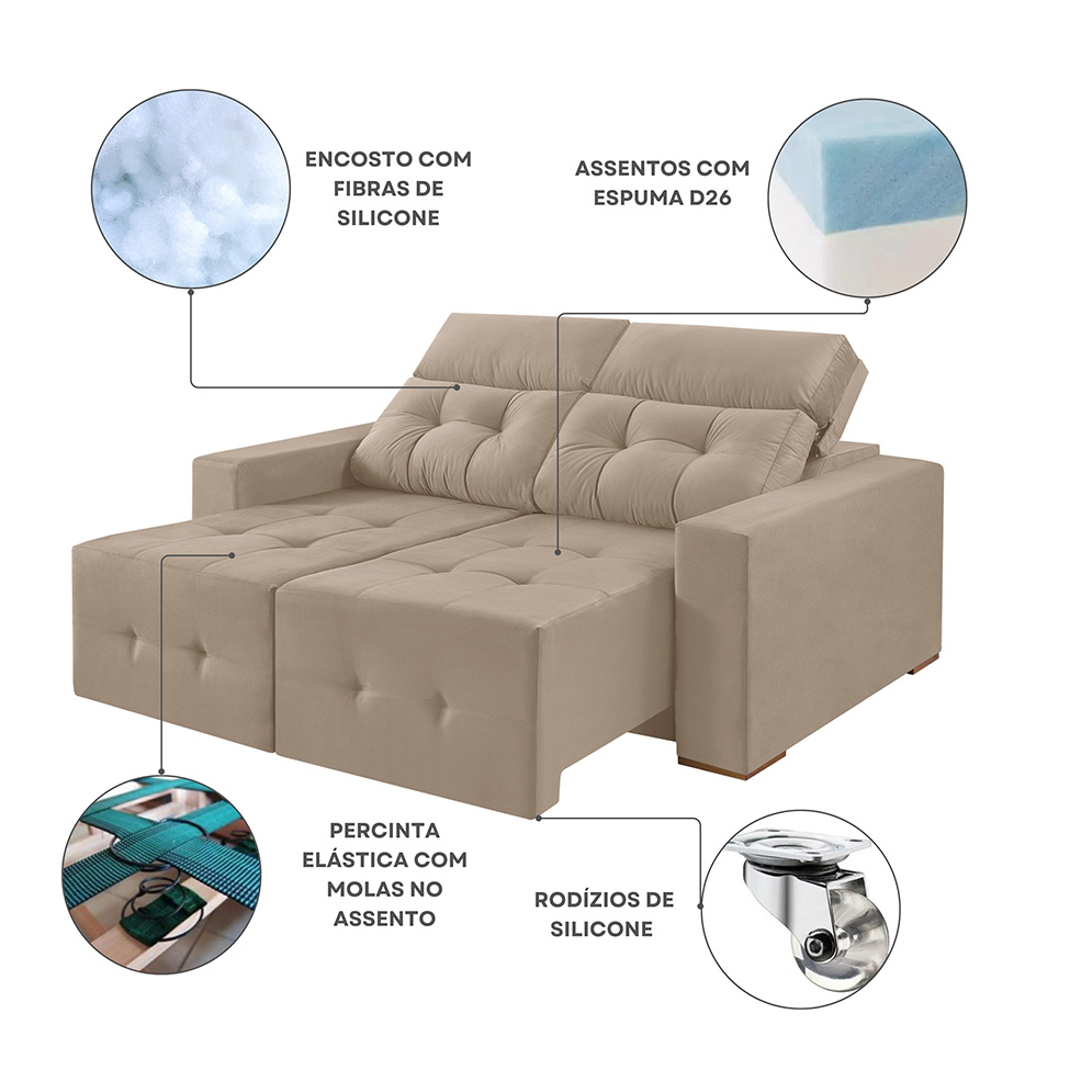 Sofá 3 Lugares Retrátil e Reclinável Roma Suede Bege 180 cm