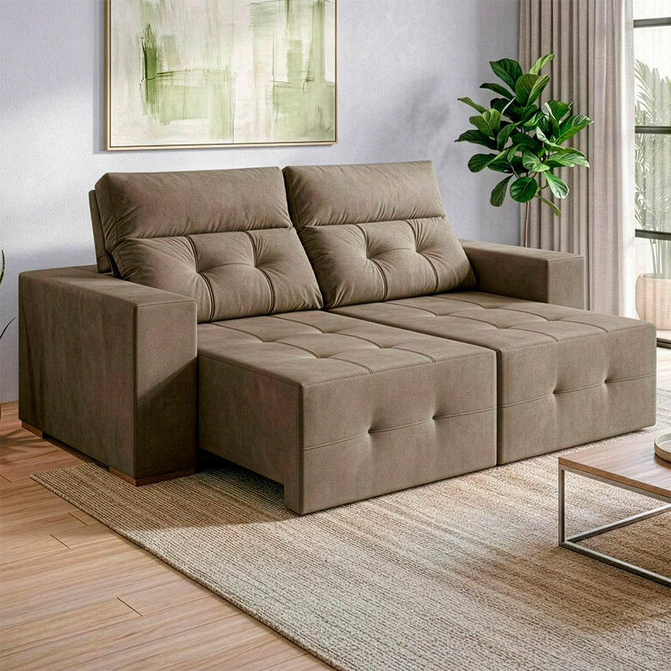 Sofá 3 Lugares Retrátil e Reclinável Roma Suede Bege 180 cm