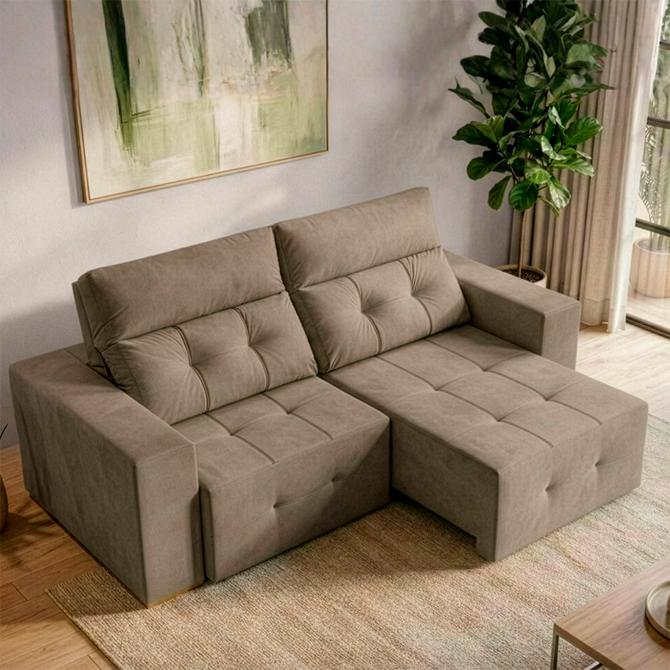 Sofá 3 Lugares Retrátil e Reclinável Roma Suede Bege 180 cm