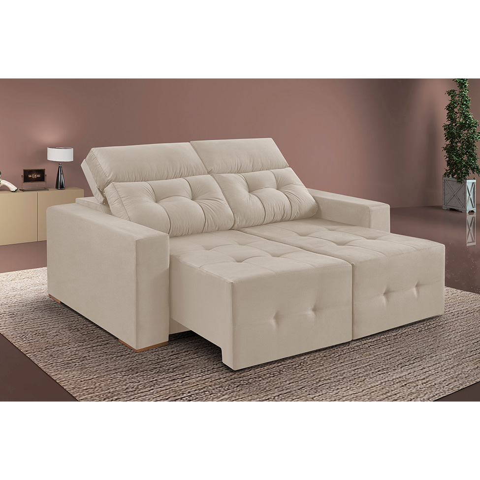 Sofá 3 Lugares Retrátil e Reclinável Roma Suede Bege 180 cm