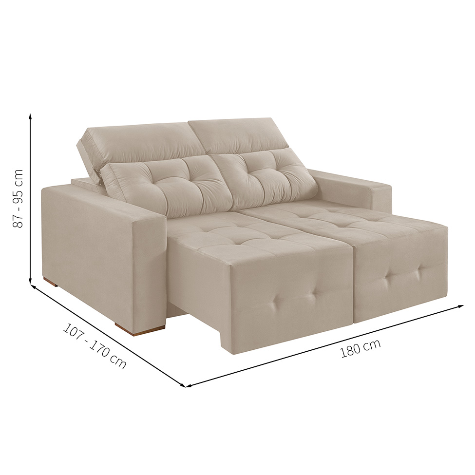Sofá 3 Lugares Retrátil e Reclinável Roma Suede Bege 180 cm