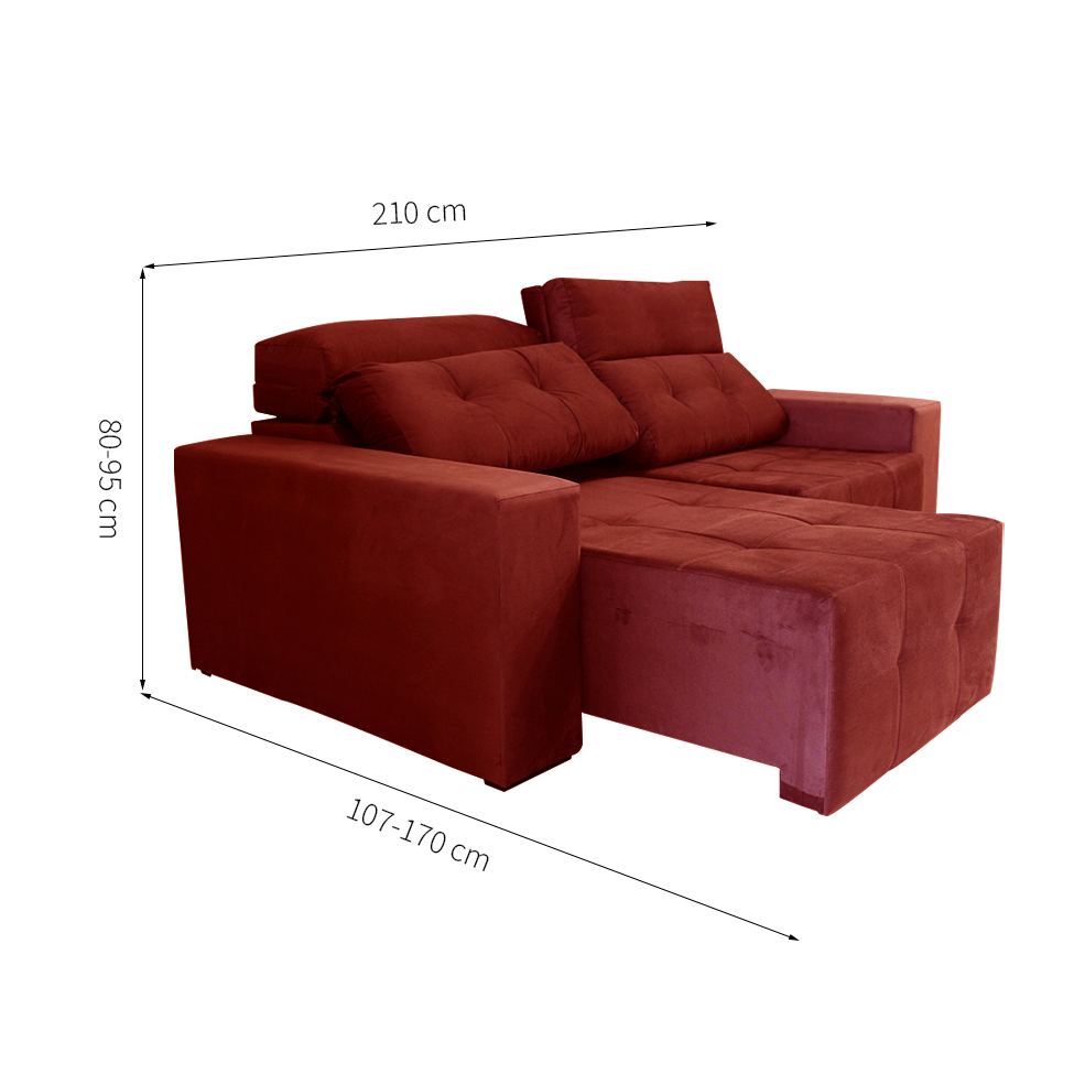 Sofá 3 Lugares Retrátil e Reclinável Roma Suede Bordô