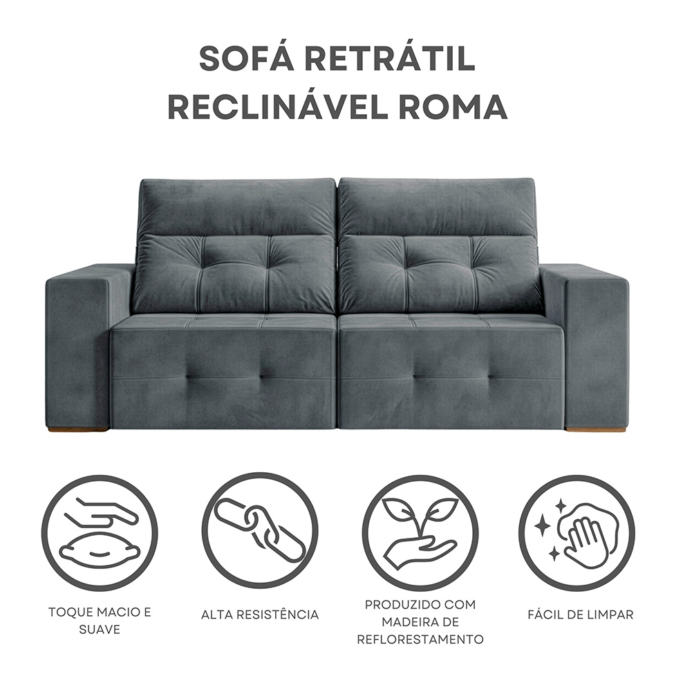 Sofá 3 Lugares Retrátil e Reclinável Roma Suede Cinza 180 cm