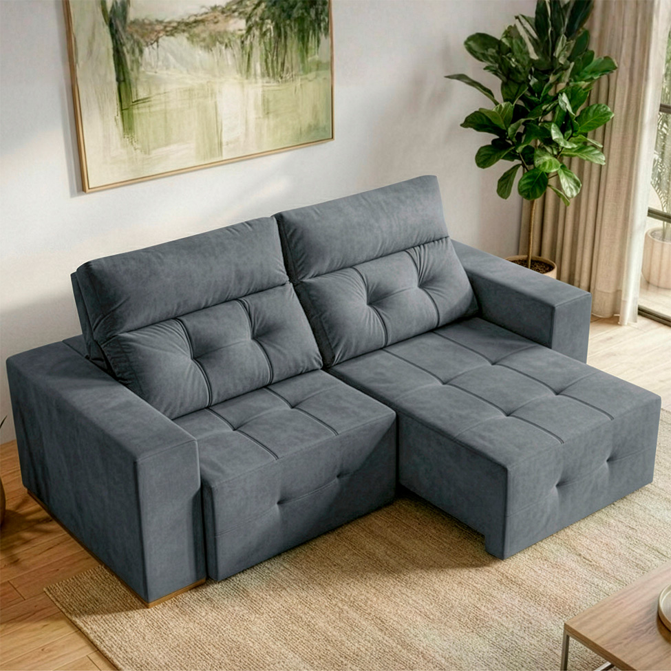 Sofá 3 Lugares Retrátil e Reclinável Roma Suede Cinza 180 cm