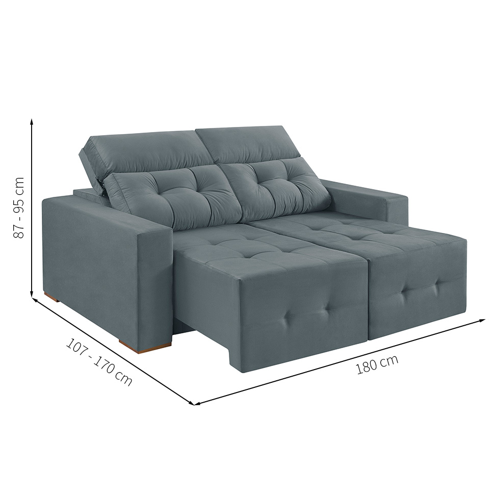 Sofá 3 Lugares Retrátil e Reclinável Roma Suede Cinza 180 cm