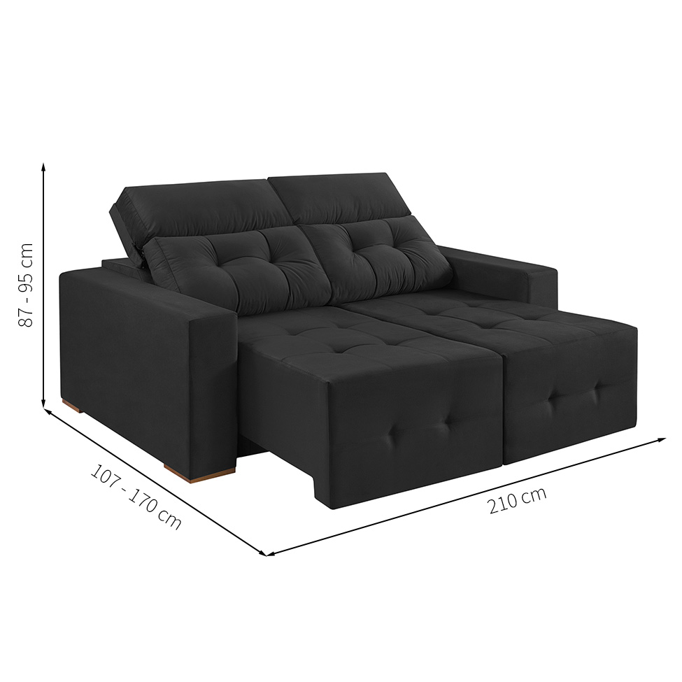 Sofá 3 Lugares Retrátil e Reclinável Roma Suede Grafite 210 cm