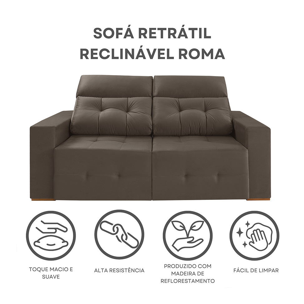 Sofá 3 Lugares Retrátil e Reclinável Roma Suede Marrom 180 cm