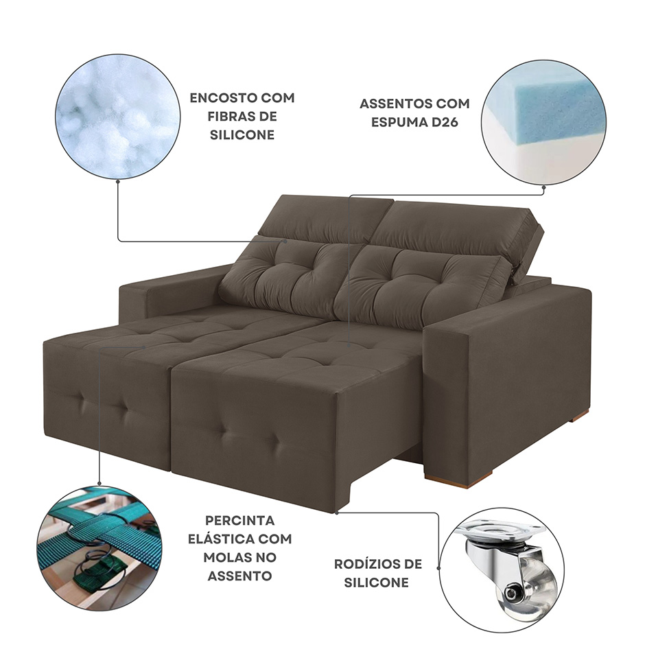 Sofá 3 Lugares Retrátil e Reclinável Roma Suede Marrom 180 cm