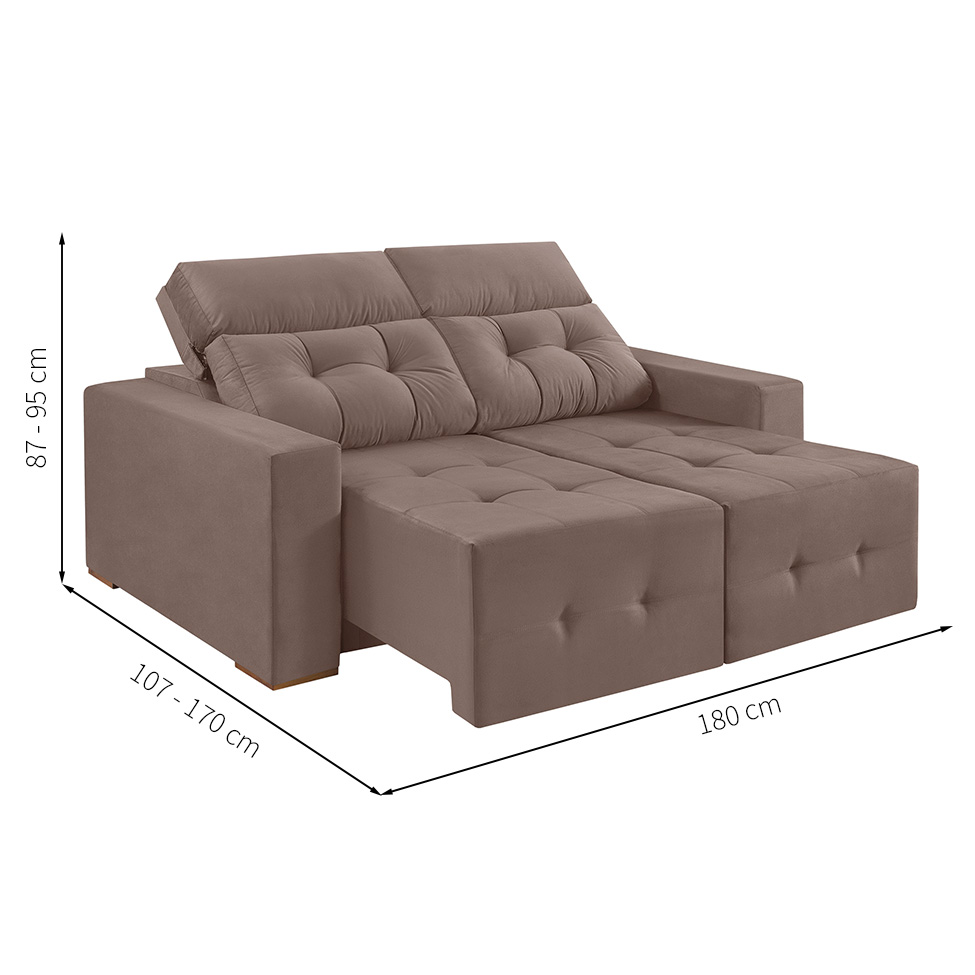Sofá 3 Lugares Retrátil e Reclinável Roma Suede Marrom 180 cm