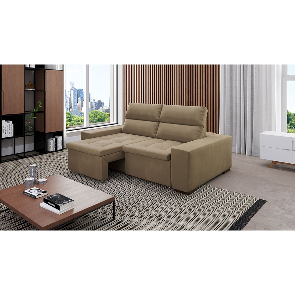 Sofá 3 Lugares Retrátil e Reclinável Spencer Veludo Bege 220 cm
