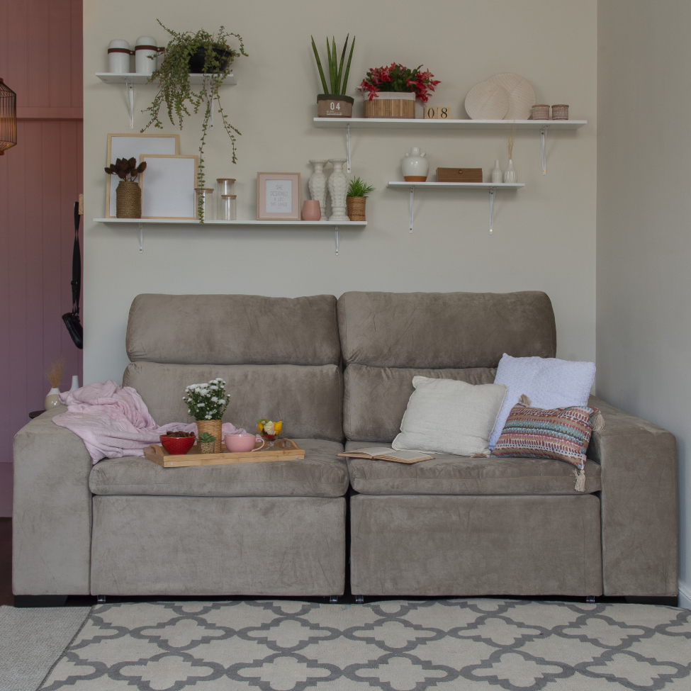 Sofá 3 Lugares Retrátil e Reclinável Spencer Veludo Bege 220 cm