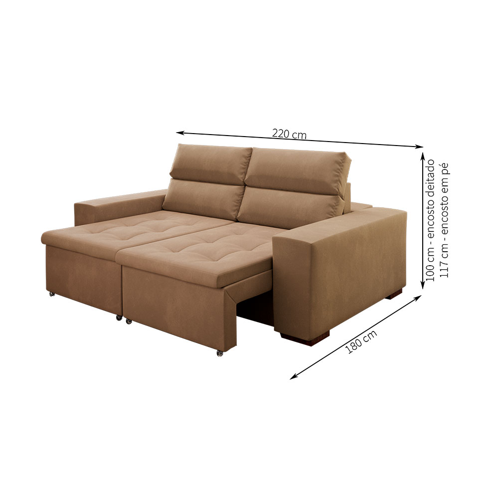 Sofá 3 Lugares Retrátil e Reclinável Spencer Veludo Bege 220 cm
