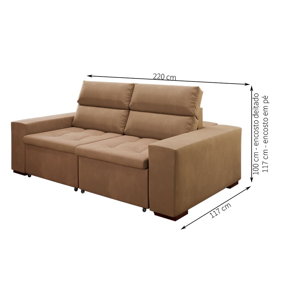 Sofá 3 Lugares Retrátil e Reclinável Spencer Veludo Bege 220 cm