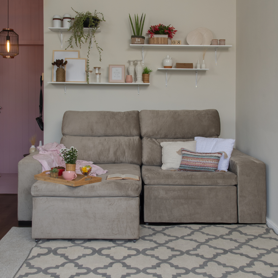 Sofá 3 Lugares Retrátil e Reclinável Spencer Veludo Bege 220 cm