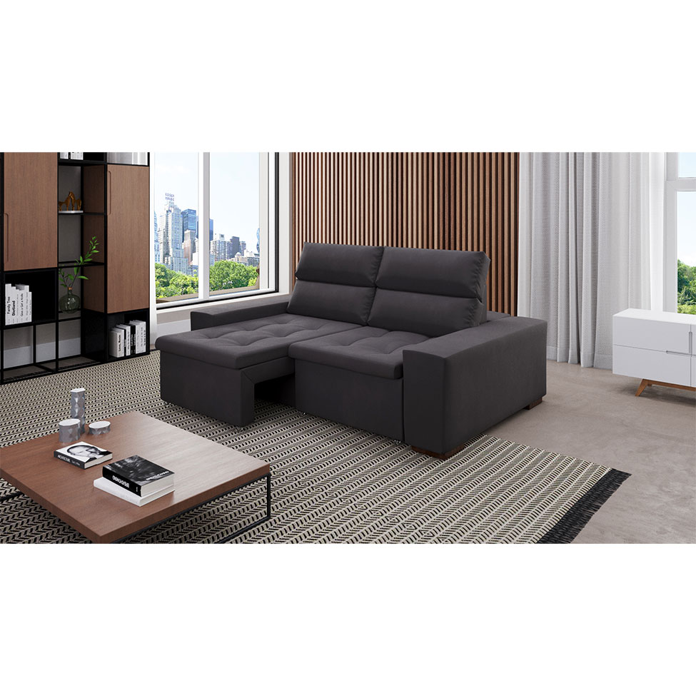 Sofá 3 Lugares Retrátil e Reclinável Spencer Veludo Grafite 220 cm