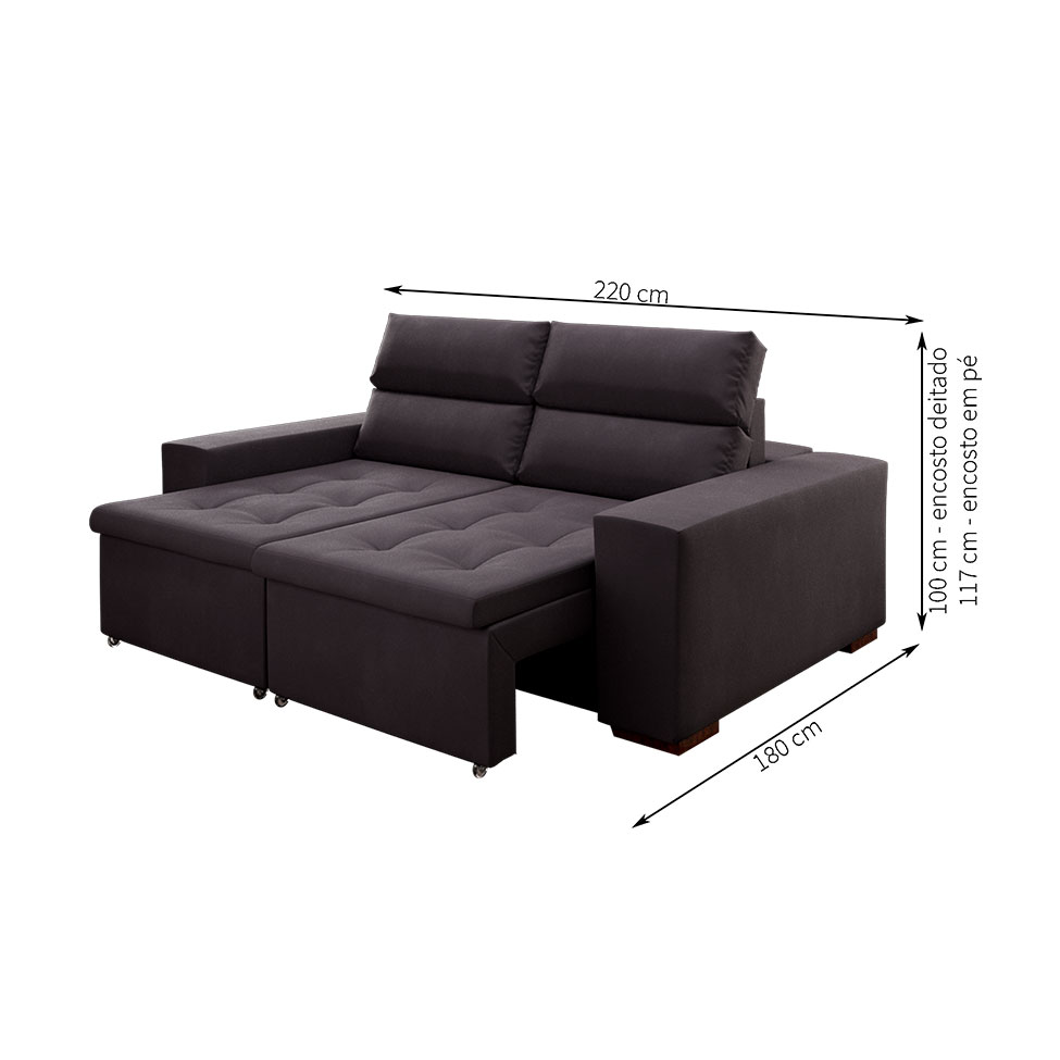 Sofá 3 Lugares Retrátil e Reclinável Spencer Veludo Grafite 220 cm