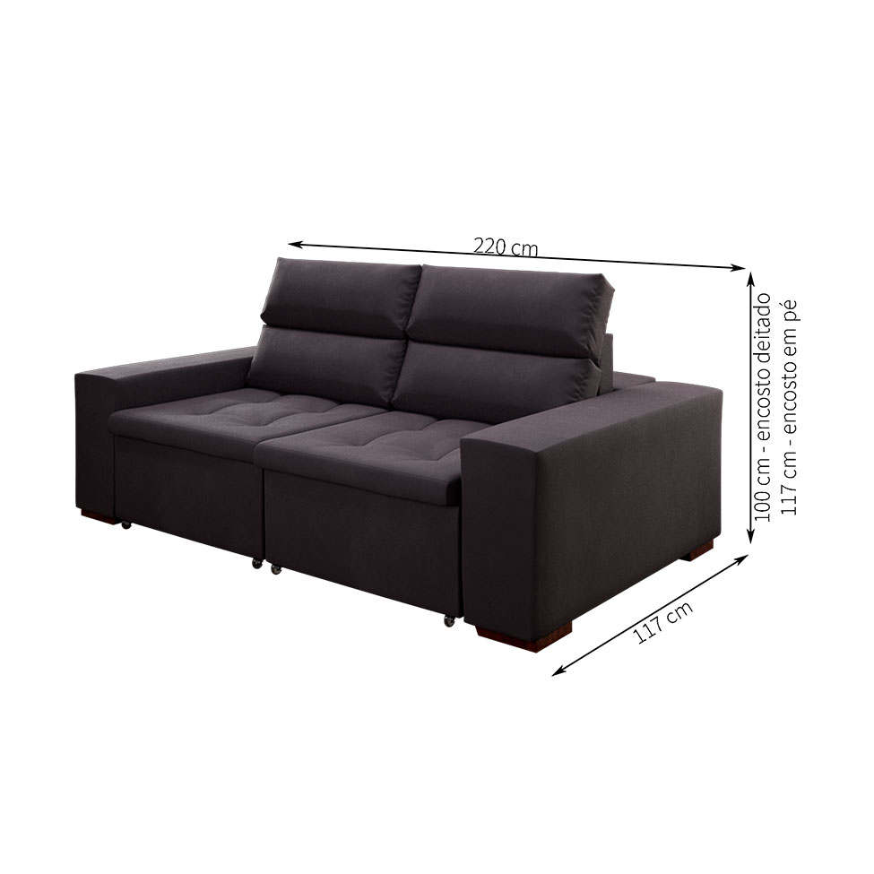 Sofá 3 Lugares Retrátil e Reclinável Spencer Veludo Grafite 220 cm