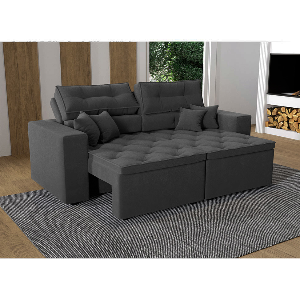 Sofá 3 Lugares Retrátil e Reclinável Tulum Suede Grafite 180 cm