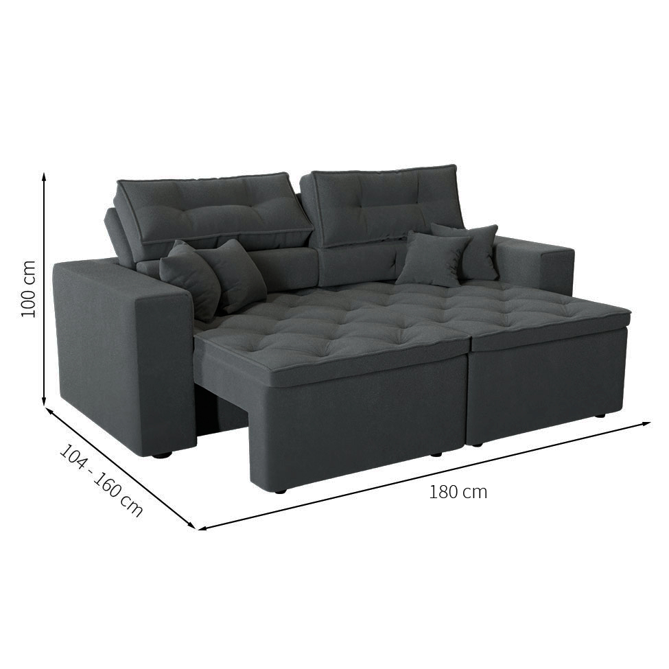 Sofá 3 Lugares Retrátil e Reclinável Tulum Suede Grafite 180 cm