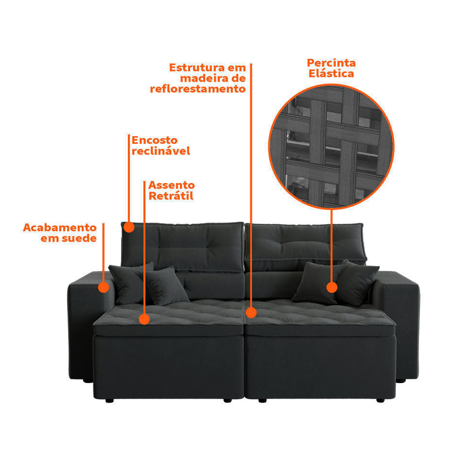 Sofá 3 Lugares Retrátil e Reclinável Tulum Suede Grafite 180 cm