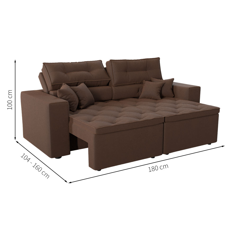 Sofá 3 Lugares Retrátil e Reclinável Tulum Suede Marrom 180 cm