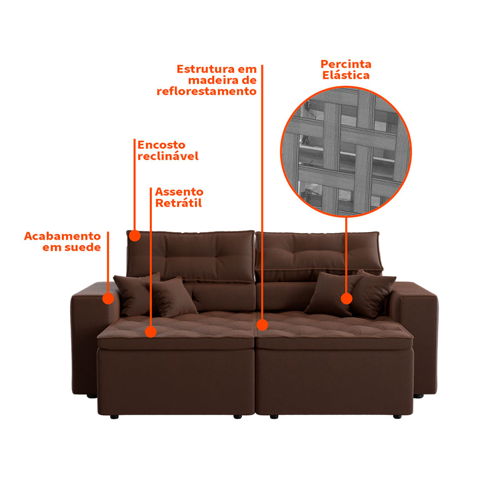 Sofá 3 Lugares Retrátil e Reclinável Tulum Suede Marrom 180 cm