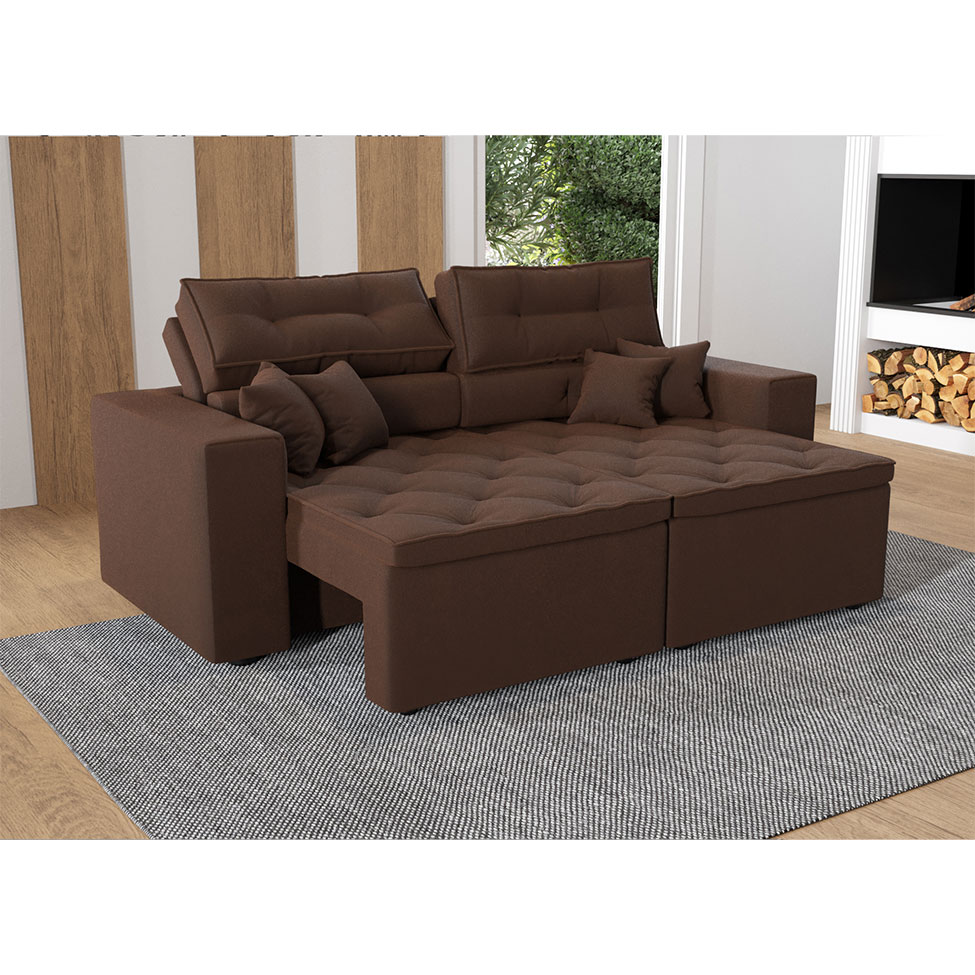 Sofá 3 Lugares Retrátil e Reclinável Tulum Suede Marrom 180 cm